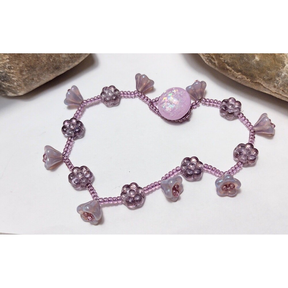 Purple Glass Flower Beaded Bracelet